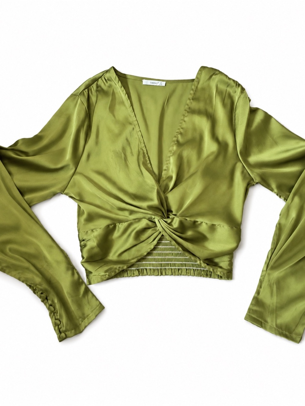 Timing Olive Green Twist-Front Satin Crop Top